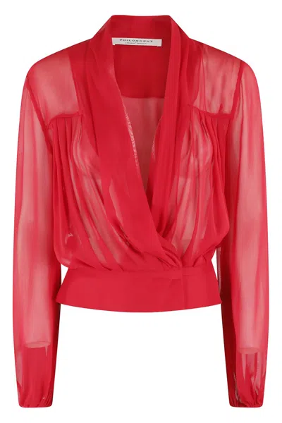 Philosophy Di Lorenzo Serafini Georgette Blouse With Wide Shawl Collar In Rosso