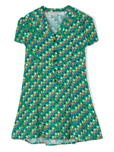 Philosophy Di Lorenzo Serafini Kids' Green Dress For Girl With Hearts And Logo