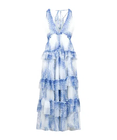Philosophy Di Lorenzo Serafini Lotus Leaf-edged Printed Dress In Blue
