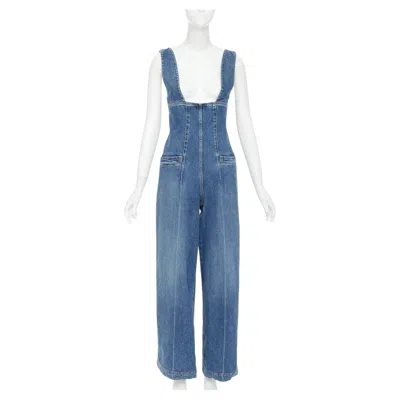 Pre-owned Philosophy Di Lorenzo Serafini Low Cut Zip Front Corset Denim Wide Leg Jumpsuit In Blue