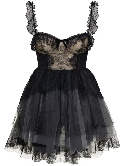 PHILOSOPHY DI LORENZO SERAFINI MINI BLACK FLOUNCED DRESS WITH BOW DETAIL IN LACE AND TULLE WOMAN