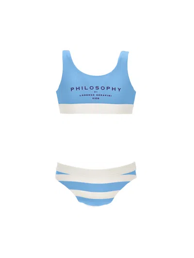 Philosophy Di Lorenzo Serafini Kids' Philosophy – Gestreifter Bikini Mit Logo In Blue
