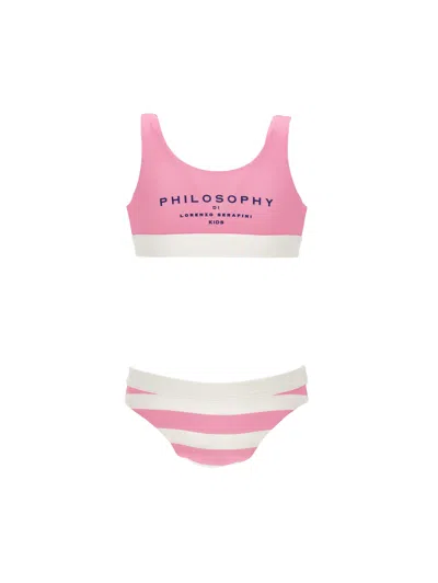 Philosophy Di Lorenzo Serafini Kids' Philosophy – Gestreifter Bikini Mit Logo In Pink