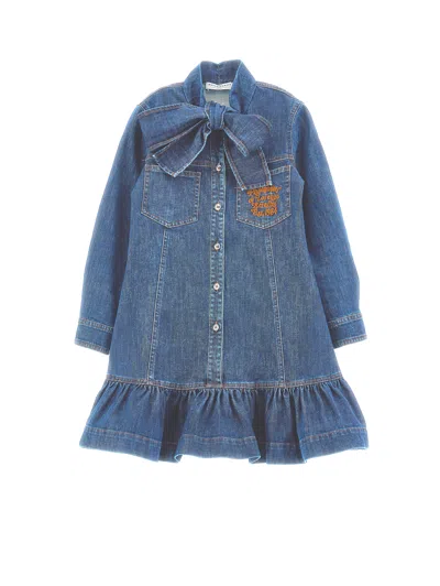 Philosophy Di Lorenzo Serafini Philosophy Kids  Denim Dress With Bow And Embroidery In Blue