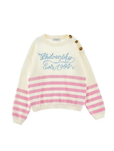 Philosophy Di Lorenzo Serafini Philosophy Kids  Striped Sweater With Buttons And Embroidered Logo In Neutral