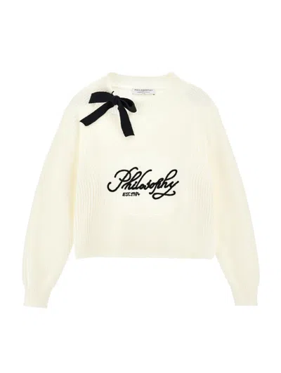 Philosophy Di Lorenzo Serafini Philosophy Kids  White Knitted Sweater With Logo And Bow In Neutral