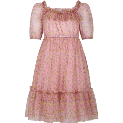 Philosophy Di Lorenzo Serafini Kids' Pink Dress For Girl With Floral Print In Multicolor
