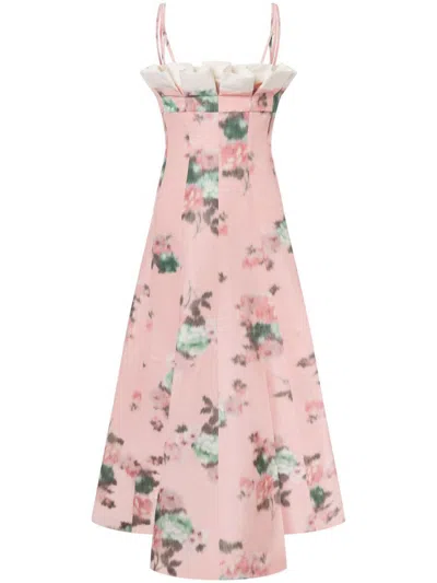 Philosophy Di Lorenzo Serafini Pink Flared Linen Midi Dress With Flowers In Multicolour