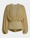 Philosophy Di Lorenzo Serafini Plunging Gathered Long-sleeve Bodysuit In Beige