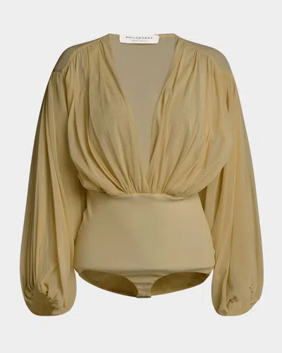 Philosophy Di Lorenzo Serafini Plunging Gathered Long-sleeve Bodysuit In Beige