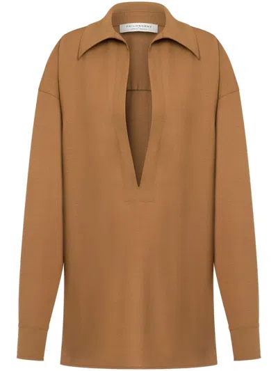 Philosophy Di Lorenzo Serafini Plunging V-neck Long-sleeve Blouse In Brown