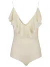 Philosophy Di Lorenzo Serafini Lace Bodysuit With V-neckline And Ruffle Trim In Neutrals