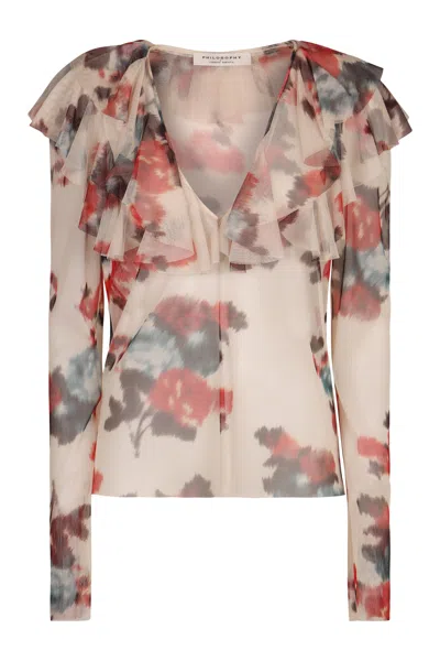 Philosophy Di Lorenzo Serafini White Blouse With Abstract Pattern And Ruffle Design