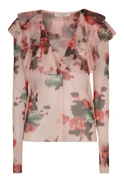 Philosophy Di Lorenzo Serafini Printed Frill Blouse In Pink