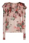 Philosophy Di Lorenzo Serafini White Blouse With Abstract Pattern And Ruffle Design In Pink