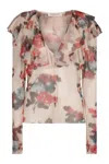 Philosophy Di Lorenzo Serafini White Blouse With Abstract Pattern And Ruffle Design In Pink