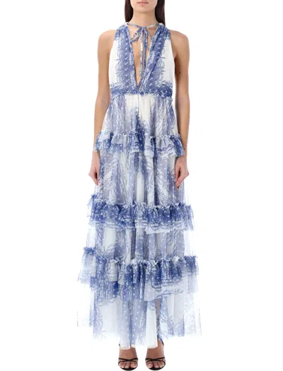 Philosophy Di Lorenzo Serafini Printed Tulle Flounced Dress For Women In White_blue_print