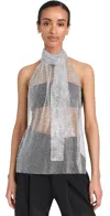 PHILOSOPHY DI LORENZO SERAFINI RHINESTONES NET HALTER TOP FANTASY PRINT SILVER