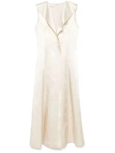 Philosophy Di Lorenzo Serafini Satin Flared Long Dress With V-neck In Beige