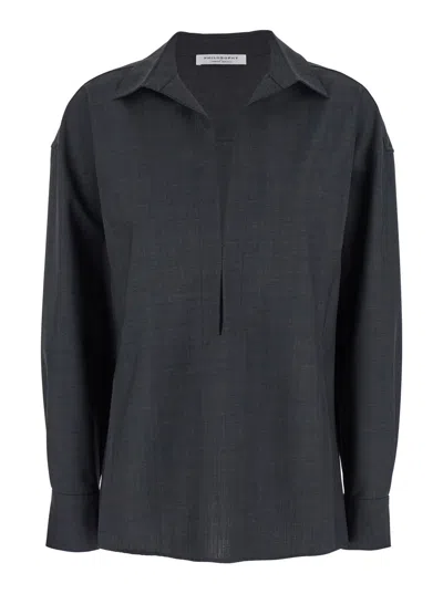 PHILOSOPHY DI LORENZO SERAFINI GREY SHIRT WITH OPEN COLLAR AND V NECK IN STRETCH VISCOSE WOMAN