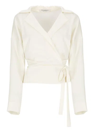 Philosophy Di Lorenzo Serafini Wrap Design Shirt With Deep V-neckline In Neutral