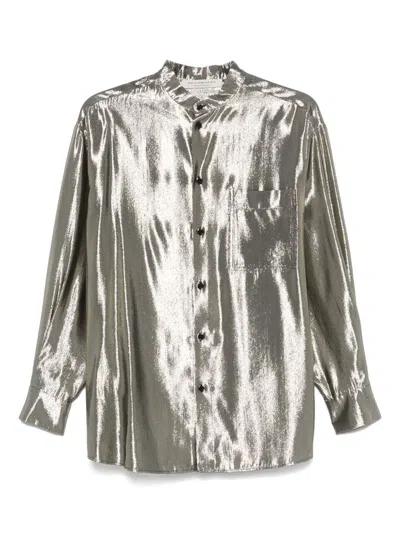 PHILOSOPHY DI LORENZO SERAFINI SILVER SHIRT IN SILK LAMINATED-EFFECT