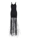 Philosophy Di Lorenzo Serafini Black Long Dress With U-neck And Long Fringes Applied To The Edges In Fabric Woman In Black