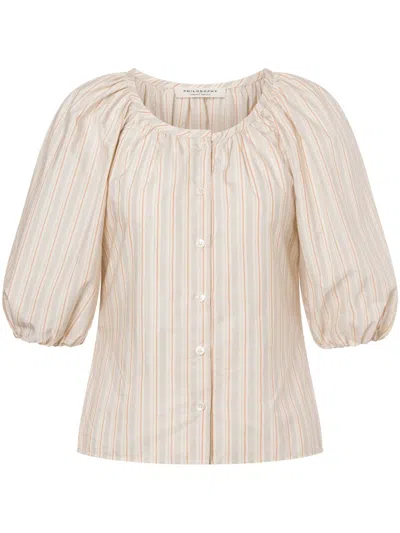 Philosophy Di Lorenzo Serafini Vertical Stripe Shirt With Puffed Sleeves In Neutral