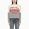 PHILOSOPHY DI LORENZO SERAFINI STRIPED BOAT NECK SWEATER WITH GOLD BUTTONS AND RED LETTERING FOR WOMEN