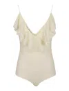 Philosophy Di Lorenzo Serafini Lace Bodysuit With V-neckline And Ruffle Trim In Crema