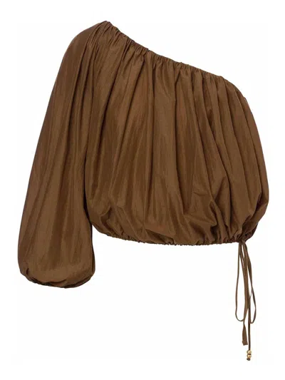PHILOSOPHY DI LORENZO SERAFINI BROWN COTTON BLEND ONE-SHOULDER TOP