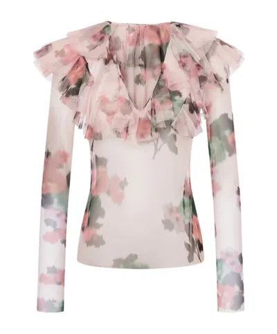 Philosophy Di Lorenzo Serafini Tulle Flower Printed Blouse In Pink