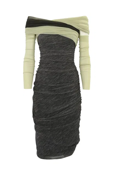 Philosophy Di Lorenzo Serafini Open-shoulder Ruched Midi Dress In Grigio/verde