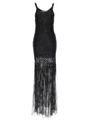 Philosophy Di Lorenzo Serafini Black Long Dress With U-neck And Long Fringes Applied To The Edges In Fabric Woman