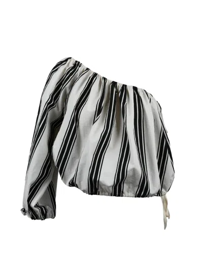 Philosophy Di Lorenzo Serafini White Black Cotton Polyamide One-shoulder Top In Gray