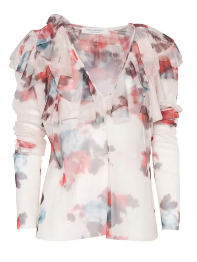 Philosophy Di Lorenzo Serafini White Blouse With Abstract Pattern And Ruffle Design