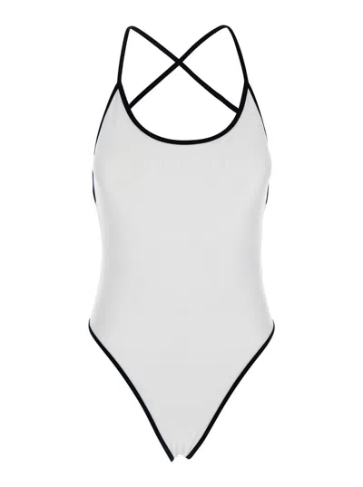 PHILOSOPHY DI LORENZO SERAFINI WHITE COSTUME WITH CROSSED STRAPS AND LETTERING LOGO