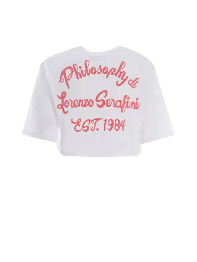 Philosophy Di Lorenzo Serafini White Crop T-shirt With Front And Rear Logo Print In Cotton Woman