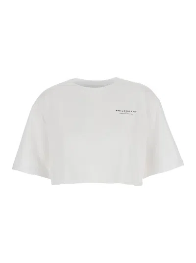 Philosophy Di Lorenzo Serafini White Cropped T-shirt With Maxi Logo Printed On The Back In Cotton Woman