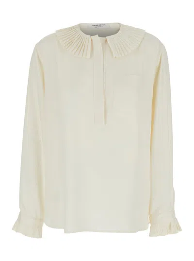 PHILOSOPHY DI LORENZO SERAFINI WHITE OVERSIZED SHIRT WITH RUFFLES ON COLLAR AND CUFFS IN TECH FABRIC WOMAN