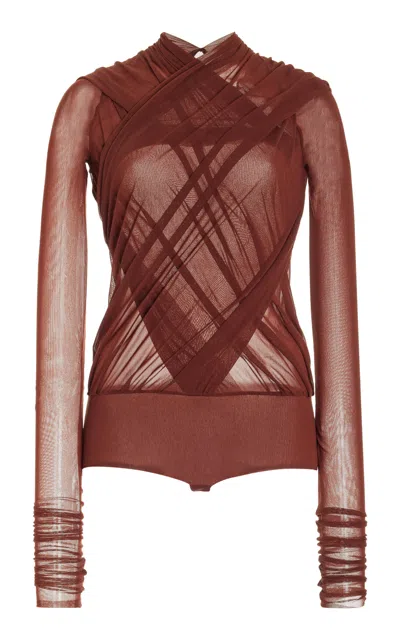 Philosophy Di Lorenzo Serafini Wrapped Stretch Tulle Bodysuit In Brown