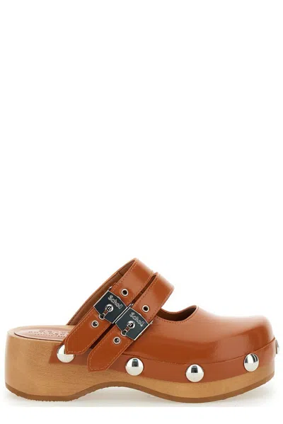 Philosophy Di Lorenzo Serafini 'mary Jane' Brown Mules With Wooden Sole In Abraded Leather Woman