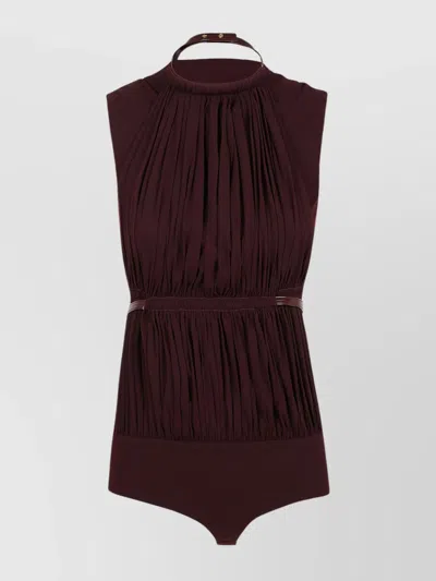 Philosophy Halterneck Pleated Bodysuit With Belted Waist In Burgundy