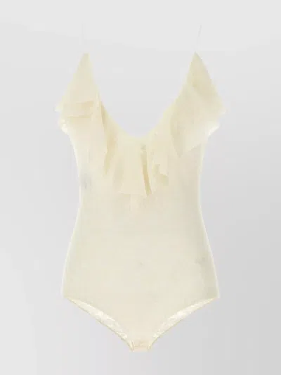Philosophy Lace Bodysuit With V-neckline And Ruffle Trim In Neutral