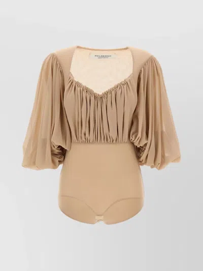 PHILOSOPHY DI LORENZO SERAFINI SHEER BODYSUIT PUFF SLEEVES