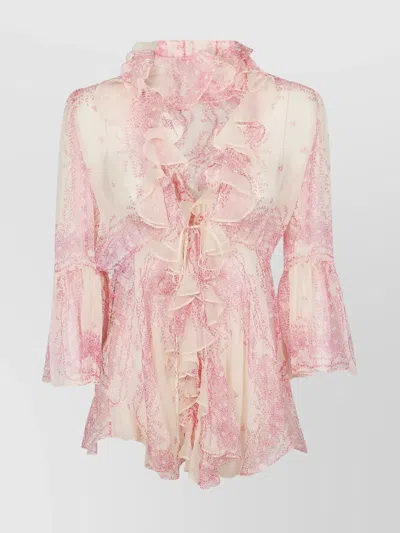 Philosophy Sheer Fabric Bell Sleeves Ruffle Printed In Pink