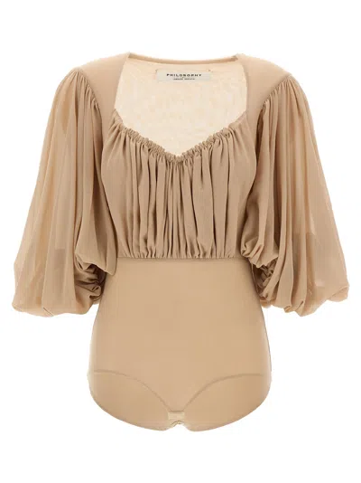 Philosophy Draped V-neck Bodysuit Balloon Sleeves In Beige