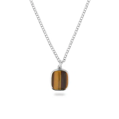 Phira London Men's Silver / Brown Silver Tiger Eye Square Pendant In Multi