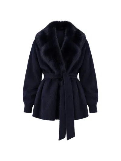 Pho® Firenze Faux-fur Collar Belted Cardigan In Blue