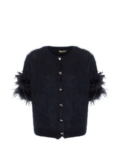 Pho® Firenze Feather-trim Short-sleeve Cardigan In Black